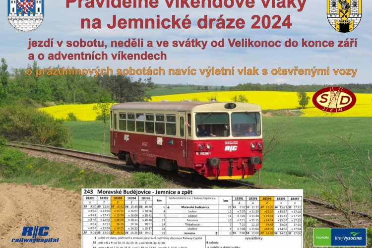 Pravidelné víkendové vlaky na Jemnické dráze 2024
